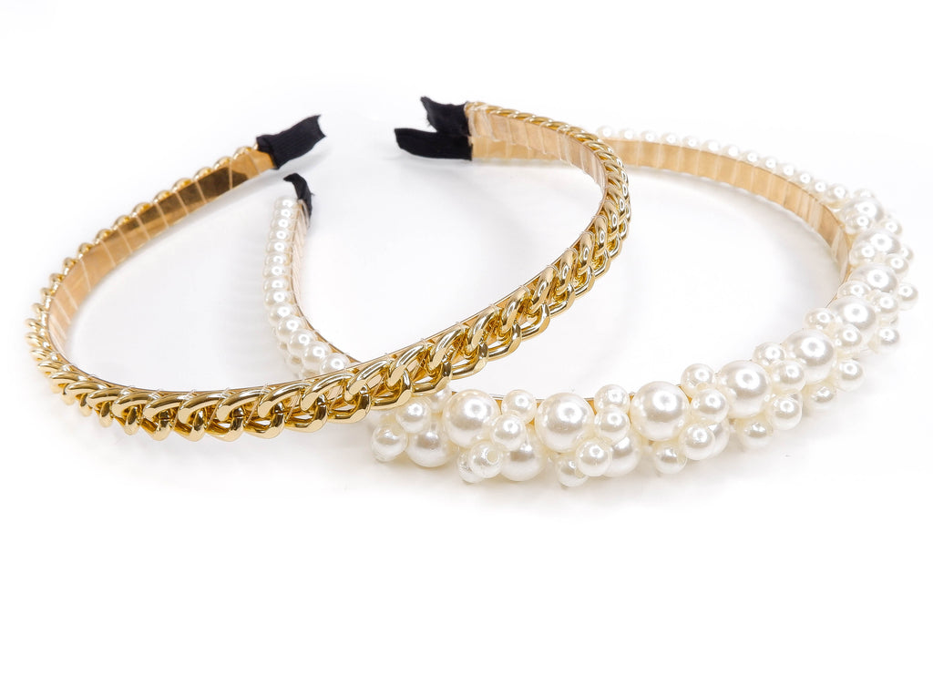 Gold Chain and Pearl Cluster Headband Set